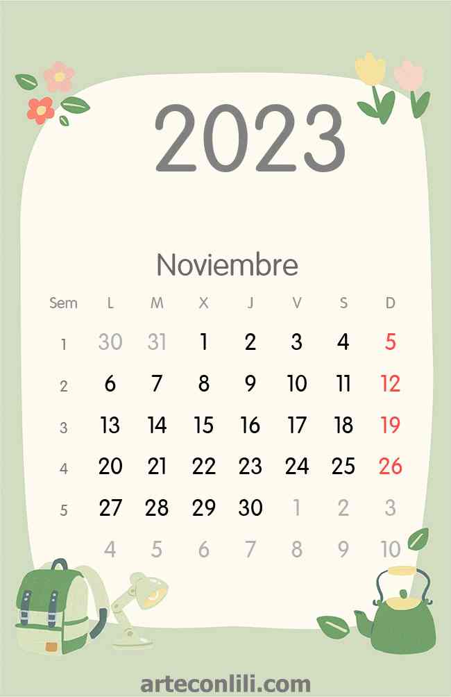 Calendario 2023 colegio verde noviembre