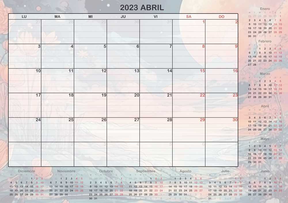 calendario mes de abril 2023 fondo ilustracion